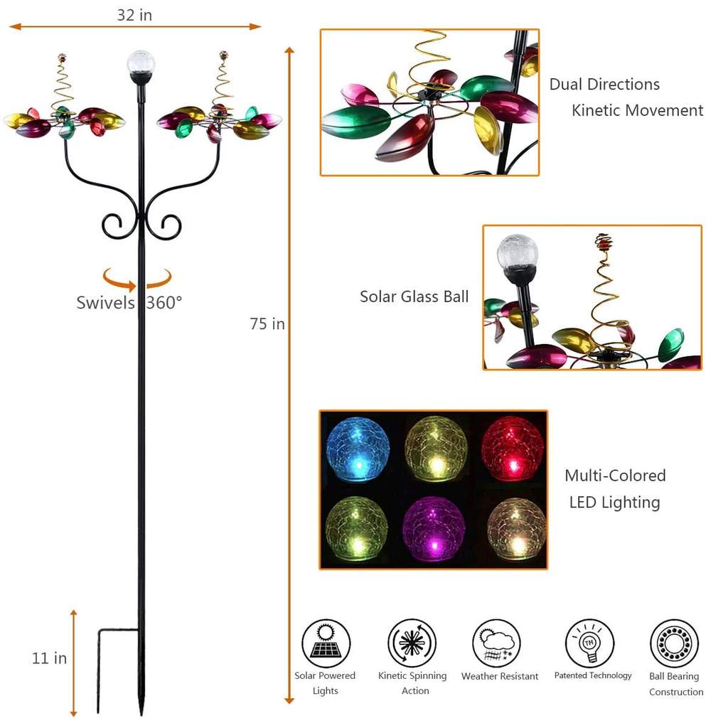 Wind Spinners With Solar Lights Garden Flower Lover Outdoor