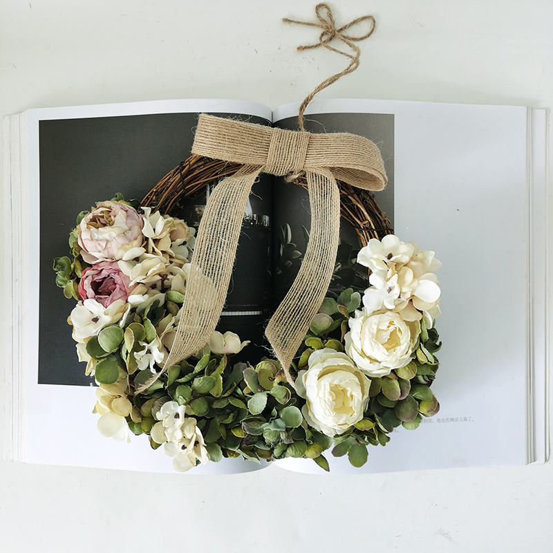 Amazon top seller artificial flower wreath for front door with boxes wholesale silk white and green floral wreath welcome wreath
