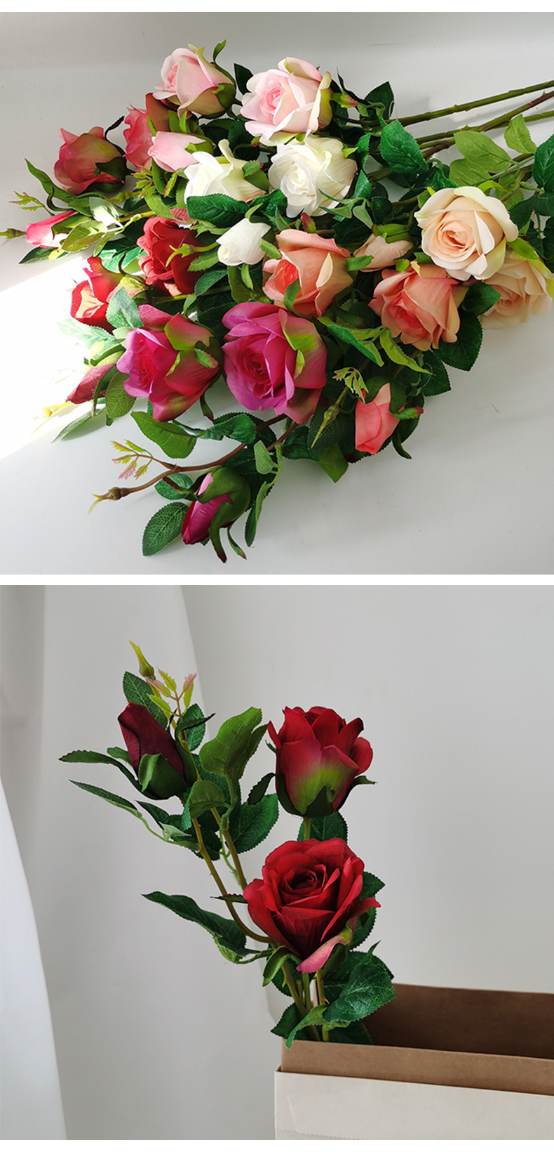 New High Quality Artificial 3 Heads Silk Rose Flower Spray For Home Decoration Simulation Silk Rose Flower Stem