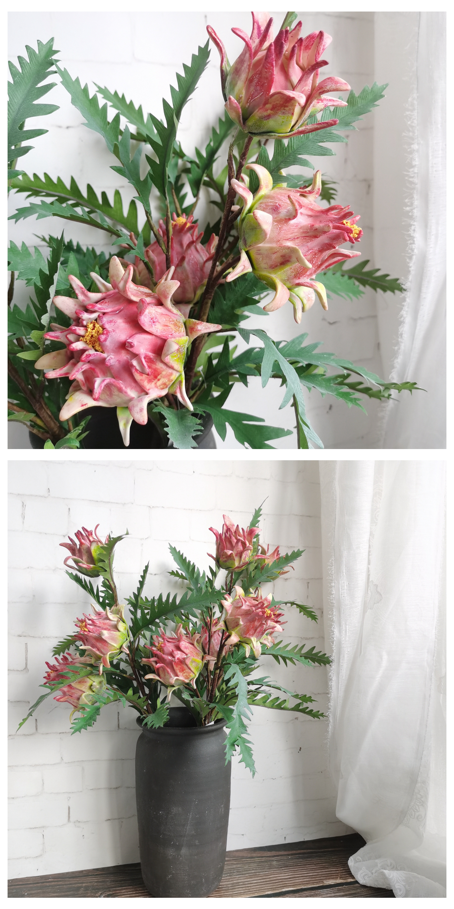 Artificial 3 heads silk king protea flower for home decor fake protea flower