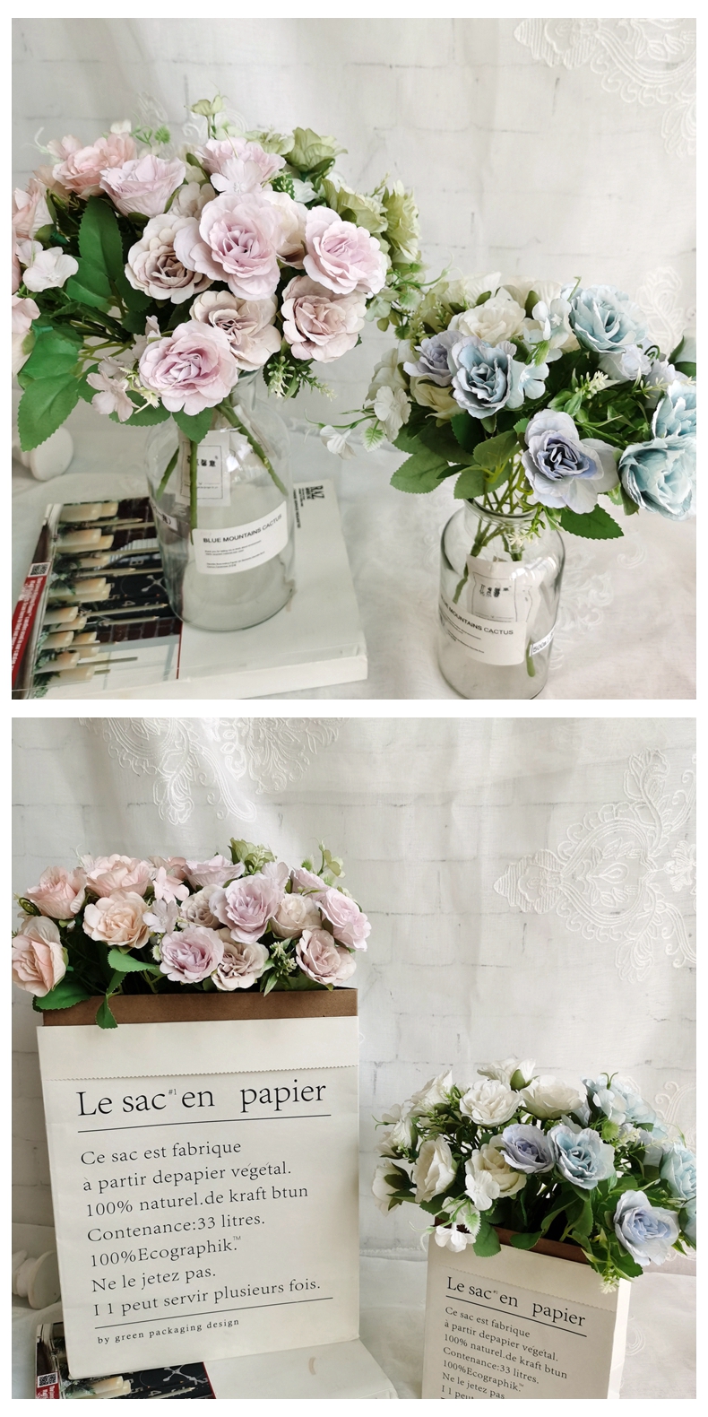 Ifg Artificial 3head Single Flower Roses Blush Silk Flower Decorative