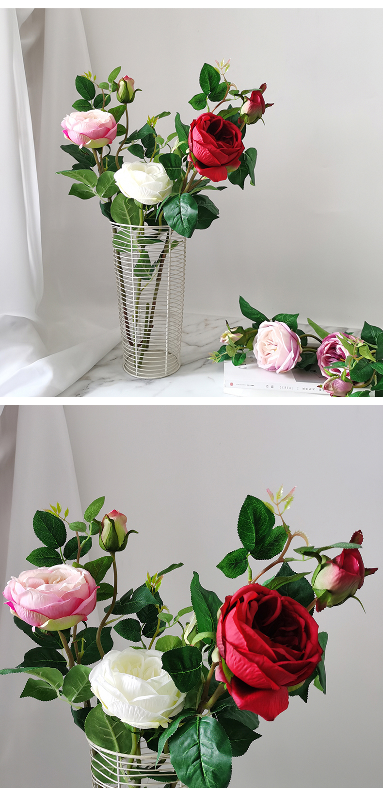Artificial 2 heads silk rose stem rose bulk for wedding home party decoration fake simulation rose flower
