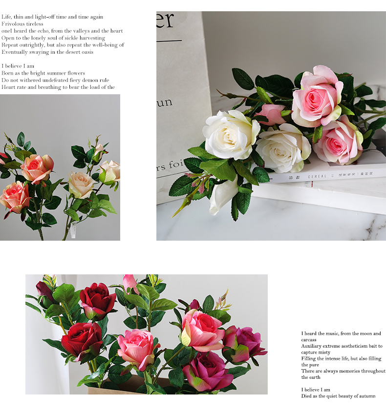 New High Quality Artificial 3 Heads Silk Rose Flower Spray For Home Decoration Simulation Silk Rose Flower Stem
