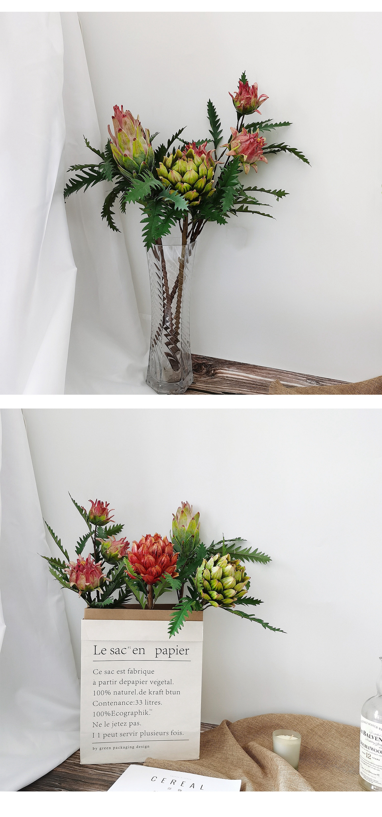 Artificial 3 heads silk king protea flower for home decor fake protea flower